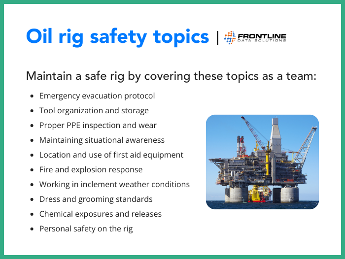 Offshore oil rig to the right of a list of oil rig safety topics from the blog post.