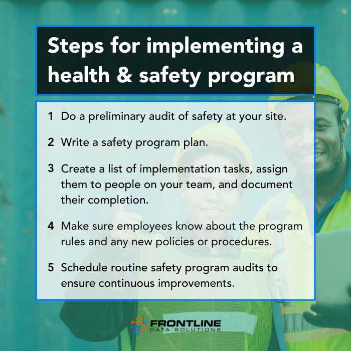 Steps for implementing a health and safety program from Frontline Data Solutions. One, do preliminary audit of safety at your site. Two, Write a safety program plan. Three, create a list of implementation tasks, assign them to people on your team, and document their completion. Four, make sure employees know about the program rules and any new policies or procedures. Five, schedule routine safety program audits to ensure continuous improvements.