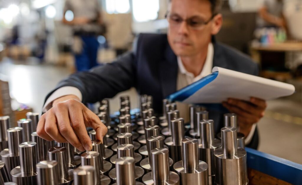 Engineer wearing suit doing an inspection of components in a manufacturing facility